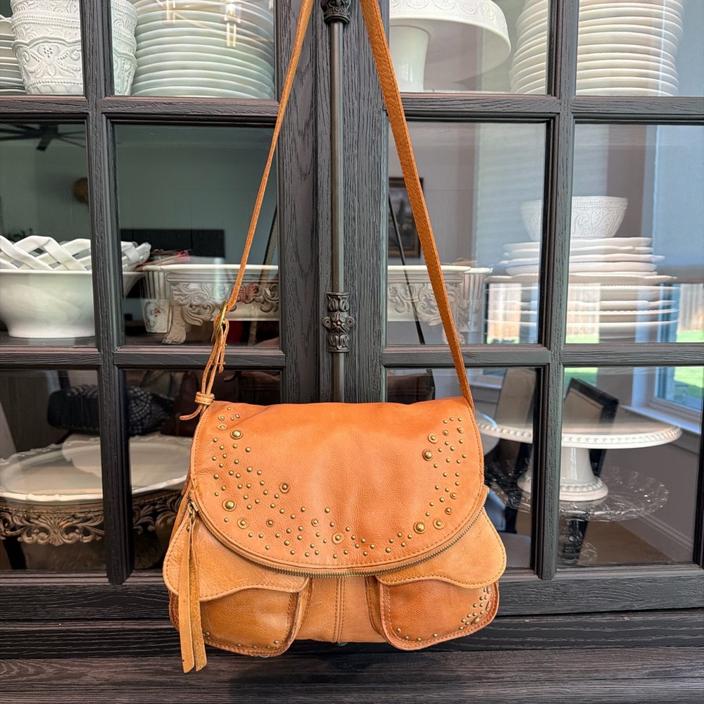 Lucky Brand Beckham Hobo Cognac Leather Crossbody Bag Studded Boho